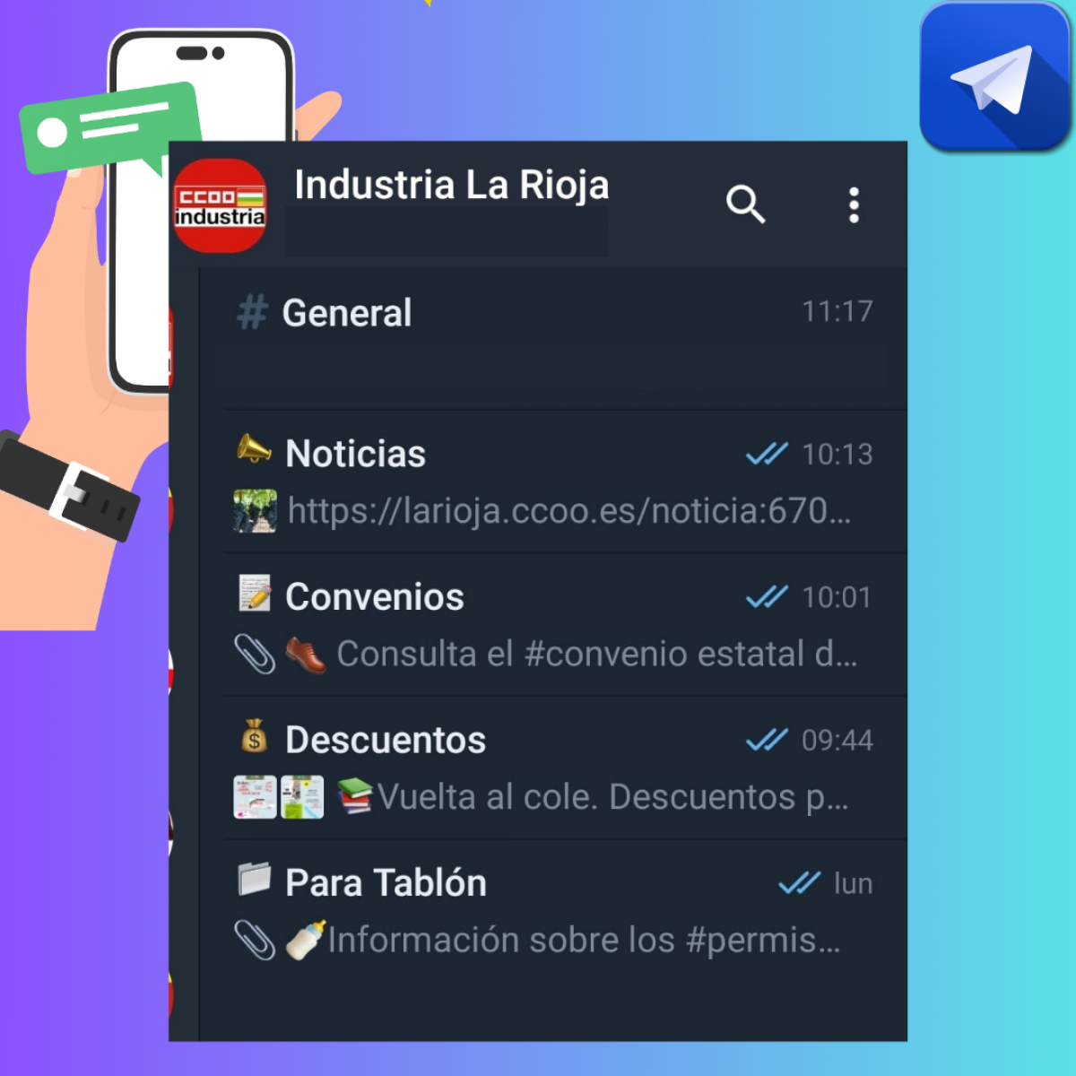 El grupo de Telegram de CCOO Industria de La Rioja est organizado por temas.