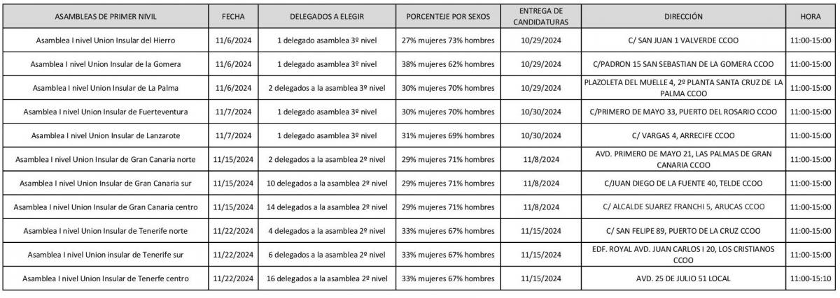 Tabla de asambleas de 1 nivel CCOO Industria de Canarias