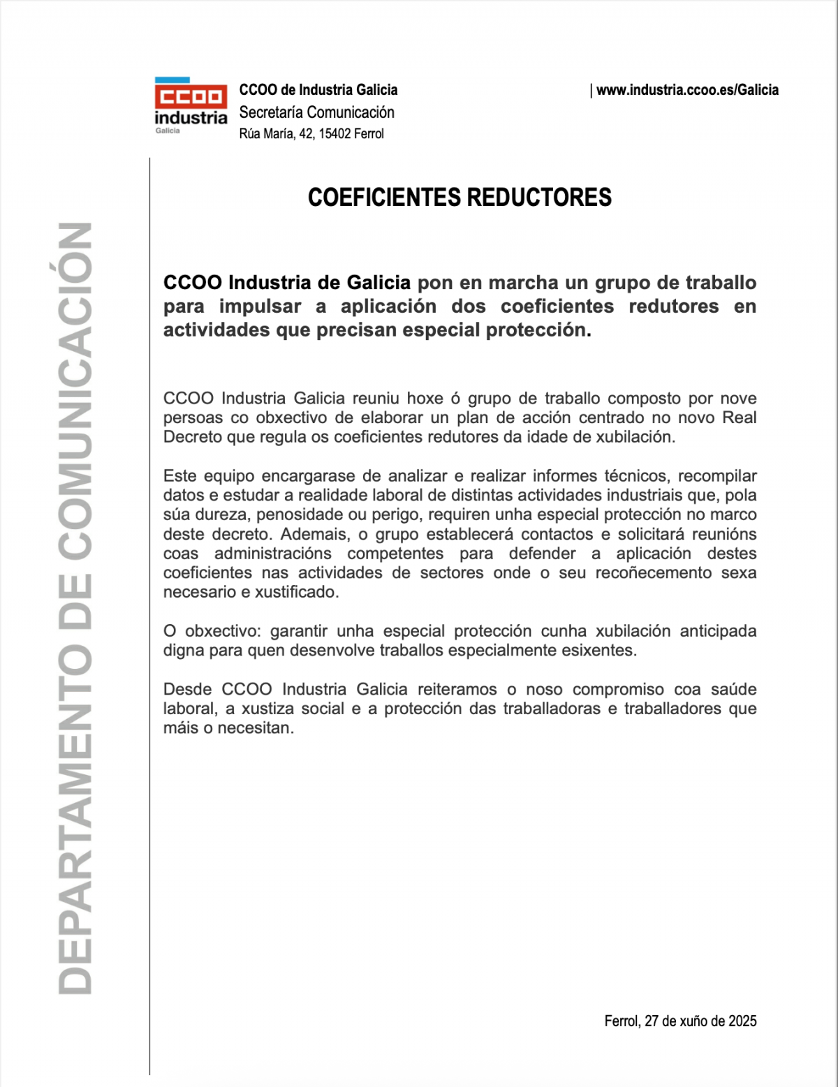 NdP Coeficicientes Reductores CCOO Industria Galicia
