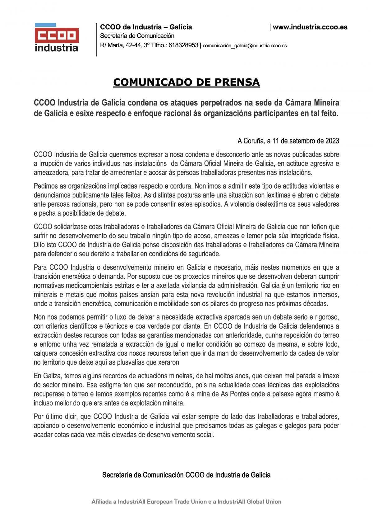NdP CCOO Industria Galicia Altercados Cámara Mineira