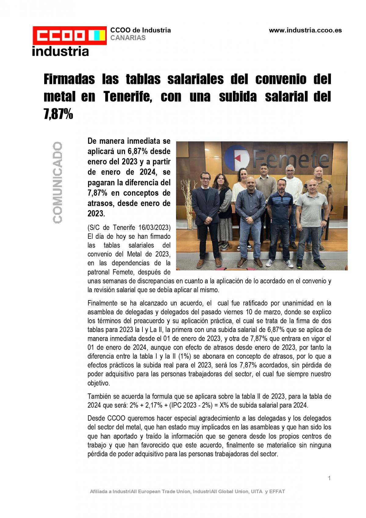 Firmadas las tablas salariales del convenio del metal en Tenerife, con una subida salarial del 7,87%